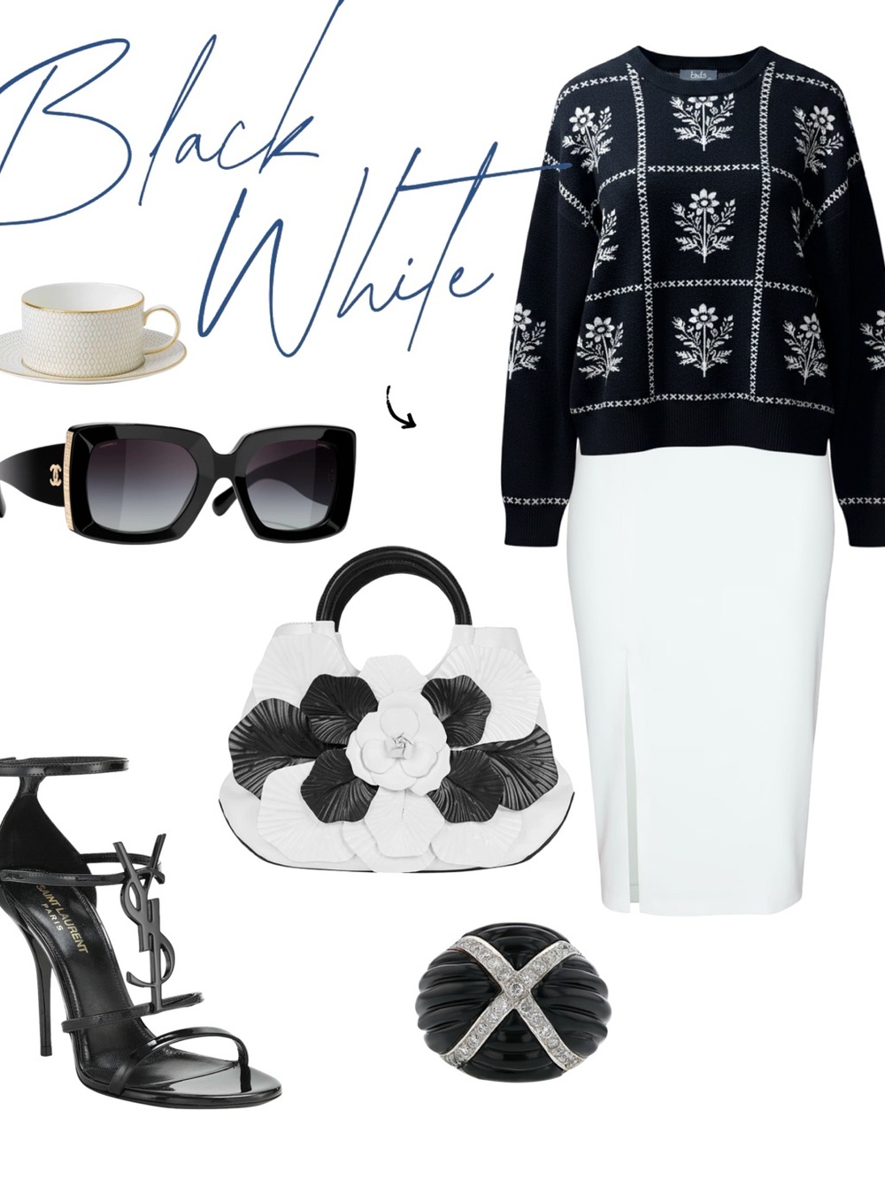 Black & White Floral Knit Sweater
